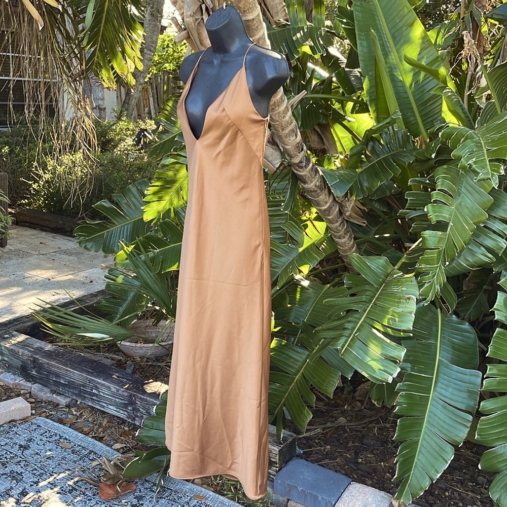 Zara deep V rose, gold metallic satin slip dress